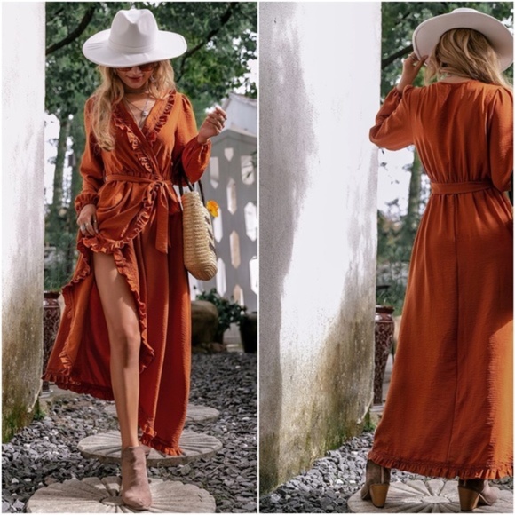 Bohemian Rust Orange Ruffle Wrap Maxi Dress Gypsy - Picture 13 of 13